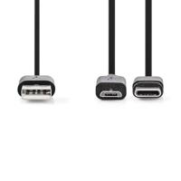 Nedis 2-in-1-Kabel | USB 2.0 | USB-A Male | USB Micro-B Male / USB-C™ Male | 480 Mbps | 1.00 m | Vernikkeld | Rond | PVC | Zwart | Label - - thumbnail