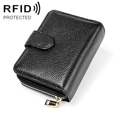 KB192 Buckle Zipper Cowhide Leather Organ Shape Multiple Card Slots Anti-magnetic RFID Wallet Clutch Bag for Men(Black)