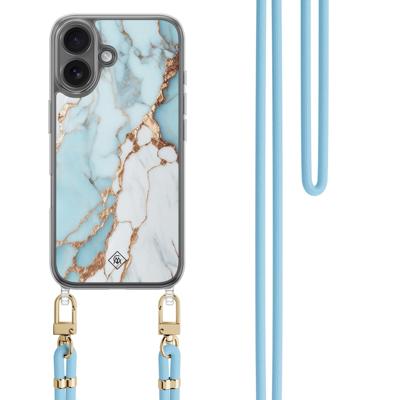 iPhone 16 hoesje met blauw koord - Marmer lichtblauw