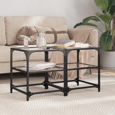 Salontafels 2 st met transparant glazen blad 40x40x45 cm staal