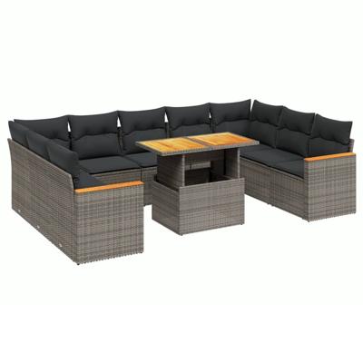 10-delige Loungeset met kussens poly rattan acacia grijs