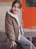 Omkeerbare windjack met capuchon voor meisjes, luipaard/sherpa beige - thumbnail