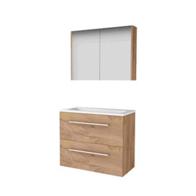 Basic-Line Comfort 39 Badkamermeubelset - Ondiep - 80 x 39 cm - Met Grepen - 2 Lades - Acryl Wastafel - 1 Kraangat - Spiegelkast - Whisky Oak