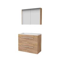 Basic-Line Comfort 39 Badkamermeubelset - Ondiep - 80 x 39 cm - Met Grepen - 2 Lades - Acryl Wastafel - 1 Kraangat - Spiegelkast - Whisky Oak - thumbnail
