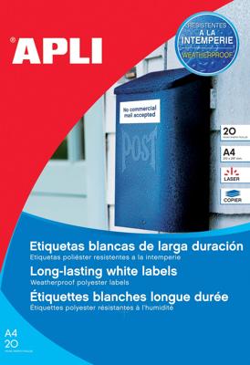 Apli weerbestendige etiketten ft 210 x 297 mm (b x h), 20 stuks, 1 per blad, doos van 20 blad Apli weerbestendige etiketten ft 210 x 297 mm (b x h), 20 stuks, 1 per blad, doos van 20 blad