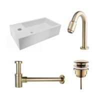 Fonteinset Nila Solid Surface Mat Wit Links 40x22x10cm Toiletkraan Knop Clickwaste Sifon Geborsteld Goud - thumbnail