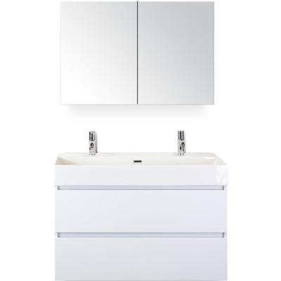 Maxx XL Badmeubelset 100 cm - Wit Hoogglans - Wastafel Kube 2 Kraangaten met Spiegelkast