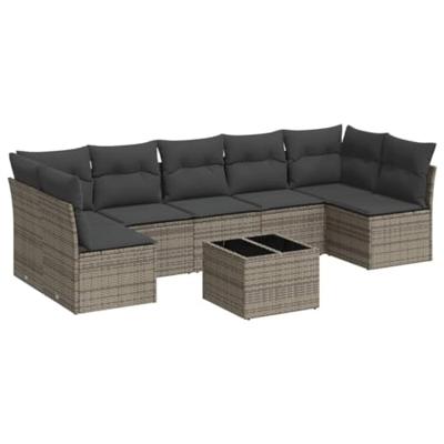 8-delige Loungeset met kussens poly rattan grijs