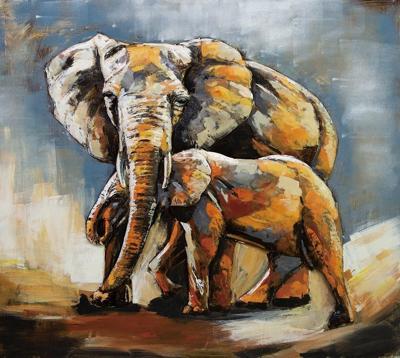 Schilderij - Metaalschilderij - Olifant en kalf, handgeschilderd op metaal 100x100cm