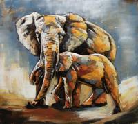 Schilderij - Metaalschilderij - Olifant en kalf, handgeschilderd op metaal 100x100cm - thumbnail