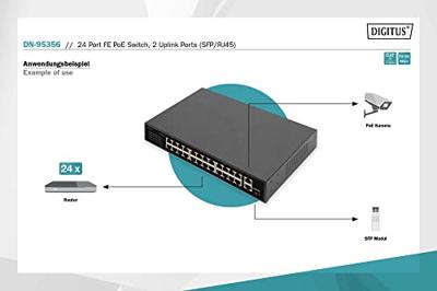 DIGITUS 26-poorts Fast Ethernet PoE netwerkswitch - 24x 100 Mbps RJ45 + 1x Gbps RJ45 combo + 1x SFP-poort - 19 inch - 185W PoE budget - 10/100 Mbps