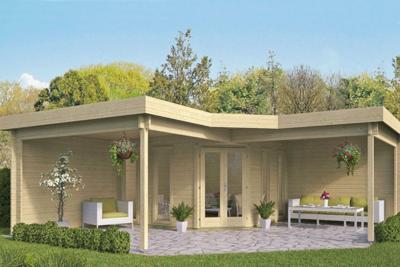 Tuindeco Jutka Hoekblokhut 368x368 cm 44 mm vuren blank- Plat dak- Onbehandeld vurenhout- Tuindeco