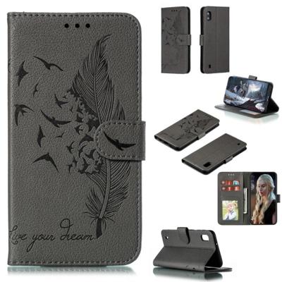 Feather patroon Litchi textuur horizontale Flip lederen draagtas met portemonnee & houder & kaartsleuven voor Galaxy A10 (grijs) Feather patroon Litchi textuur horizontale Flip lederen draagtas met portemonnee & houder & kaartsleuven voor Galaxy A10 (grijs)