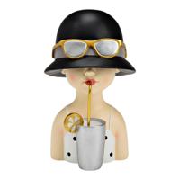 Vrouw met hoed en cocktail van poly, zwart/wit/zilver (B/H/D) 14x22x14cm - thumbnail