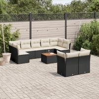 10-delige Loungeset met kussens poly rattan zwart - thumbnail