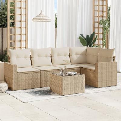 5-delige Loungeset met kussens poly rattan beige - thumbnail
