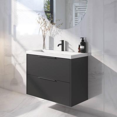 Saqu Lima ondiep badmeubel incl. glans witte wastafel 80x40x64cm zijdeglans zwart - mat zwarte greep