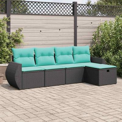 5-delige Loungeset met kussens poly rattan zwart