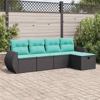 5-delige Loungeset met kussens poly rattan zwart - thumbnail