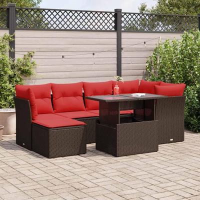 7-delige Loungeset met kussens poly rattan acacia bruin