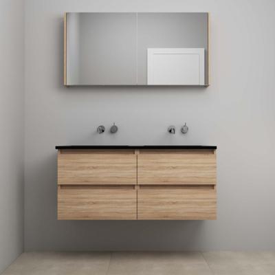 On-Line Badkamermeubelset - 120 cm - Voorgemonteerd - Ladestructuur - Acryl Wastafel - zonder Kraangat - Spiegelkast - Eiken