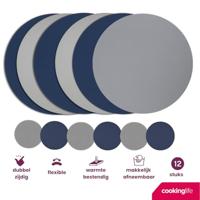 Cookinglife 6 Placemats + 6 Onderzetters - Dubbelzijdig - Rond - Vegan leer - Blauw / Grijs - thumbnail