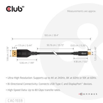 club3D CAC-1559 USB-C-displaykabel RJ45 1.00 m Zwart