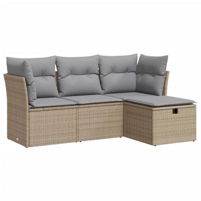 4-delige Loungeset met kussens poly rattan beige