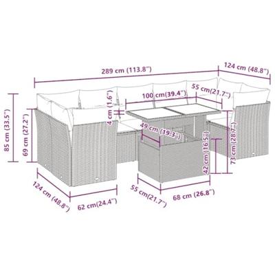 8-delige Loungeset met kussens poly rattan lichtgrijs