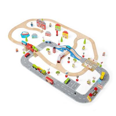 Bigjigs houten treinbaan en autobaan set, 105dlg. - thumbnail
