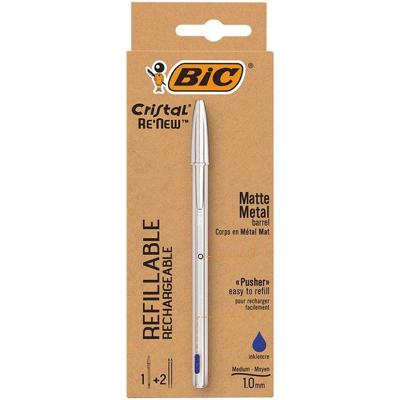 Balpen bic cristal re-new 1 pen + 2 vull m blauw | 11340 stuks