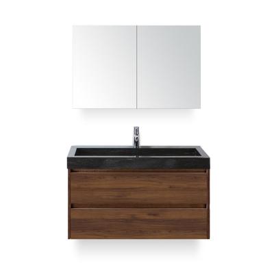 Dante Badmeubelset 100 cm - Walnoot - Wastafel Hardsteen Wit Lucca - met Spiegelkast