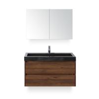 Dante Badmeubelset 100 cm - Walnoot - Wastafel Hardsteen Wit Lucca - met Spiegelkast - thumbnail