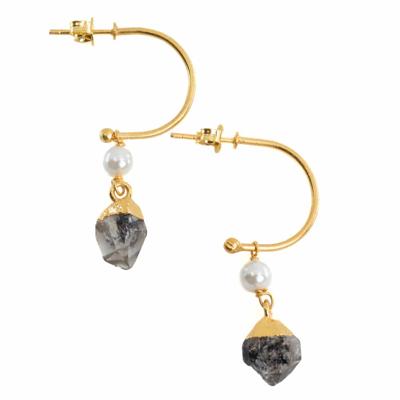 Edelsteen Oorhangers Parel en Herkimer Diamant 925 Zilver Goudkleurig (45 mm) Edelsteen Oorhangers Parel en Herkimer Diamant 925 Zilver Goudkleurig (45 mm)