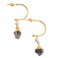 Edelsteen Oorhangers Parel en Herkimer Diamant 925 Zilver Goudkleurig (45 mm) - thumbnail