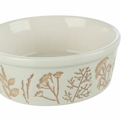 TRIXIE VOERBAK / DRINKBAK HOND PLANTMOTIEF STRUCTUUR KERAMIEK WIT / TAUPE 300 ML 12 CM 4 ST - thumbnail