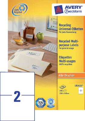 Avery Witte gerecycleerde universele etiketten Ft 210 x 148 mm (b x h), 200 stuks, 2 per blad