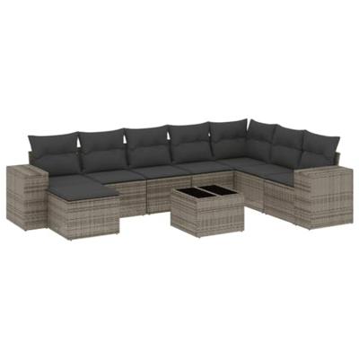 9-delige Loungeset met kussens poly rattan grijs