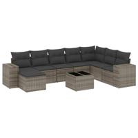 9-delige Loungeset met kussens poly rattan grijs - thumbnail