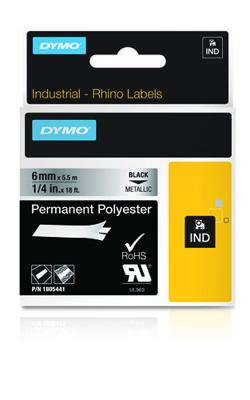 Dymo RHINO permanente polyester tape 6 mm, zwart op metaal Dymo RHINO permanente polyester tape 6 mm, zwart op metaal
