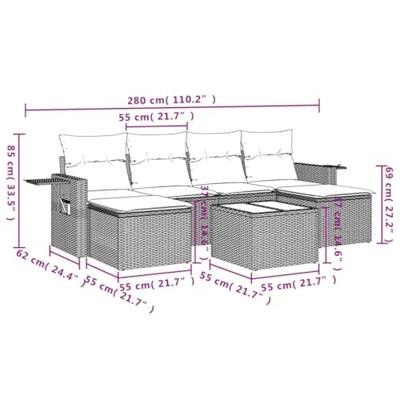 7-delige Loungeset met kussens poly rattan zwart