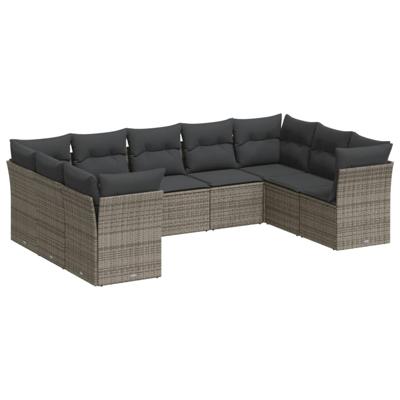 9-delige Loungeset met kussens poly rattan grijs - thumbnail