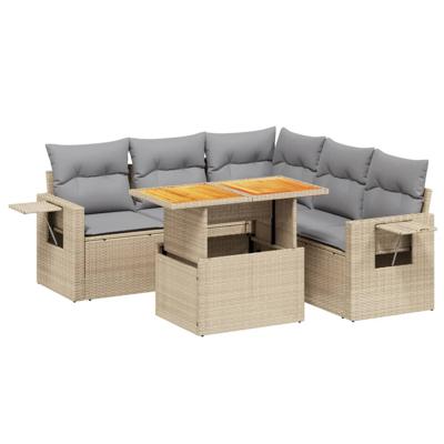 6-delige Loungeset met kussens poly rattan beige