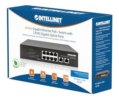 Intellinet 8-Port Gigabit Ethernet PoE+ Switch mit 2 RJ45 Gigabit Uplink-Ports 120W Netwerk switch 10 / 100 / 1000 MBit/s IEEE 802.3af (15.4 W), IEEE 802.3at Intellinet 8-Port Gigabit Ethernet PoE+ Switch mit 2 RJ45 Gigabit Uplink-Ports 120W Netwerk switch 10 / 100 / 1000 MBit/s IEEE 802.3af (15.4 W), IEEE 802.3at