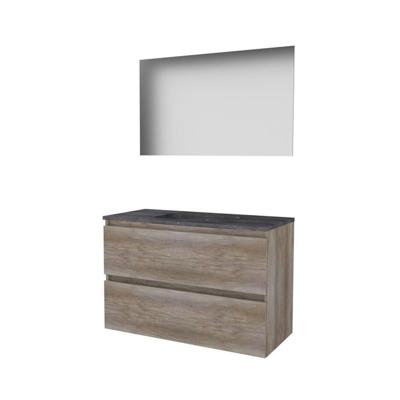 Basic-Line Ultimate 46 Badkamermeubelset - 100 x 46 cm - Greeploos - 2 Lades - Hardstenen Wastafel - 1 Kraangat - Spiegel met Indirecte LED Verlichting - Scotch Oak