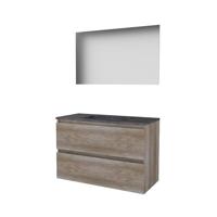 Basic-Line Ultimate 46 Badkamermeubelset - 100 x 46 cm - Greeploos - 2 Lades - Hardstenen Wastafel - 1 Kraangat - Spiegel met Indirecte LED Verlichting - Scotch Oak - thumbnail