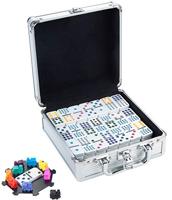 Longfield mexican train domino dubbel 12 in houten koffer 91 stenen - thumbnail