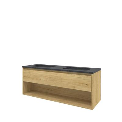 Proline Hardsteen Elegant wastafelonderkast met open schap en blue stone wastafel zonder kraangaten 140 x 46 x 54,5 cm, ideal oak