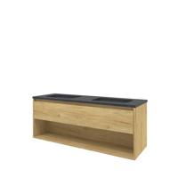 Proline Hardsteen Elegant wastafelonderkast met open schap en blue stone wastafel zonder kraangaten 140 x 46 x 54,5 cm, ideal oak - thumbnail