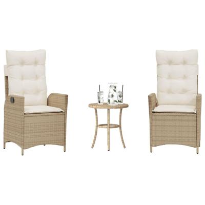 3-delige Bistroset met kussens poly rattan beige